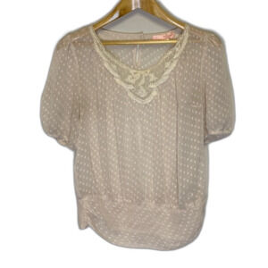Prevett Beige Dotted Swiss Victorian Style Puff Sleeve Blouson Top Size L